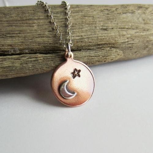 Rustic star and crescent moon copper and sterling silver mixed metal necklace, handcrafted by The Tiny Tree Frog Jewellery