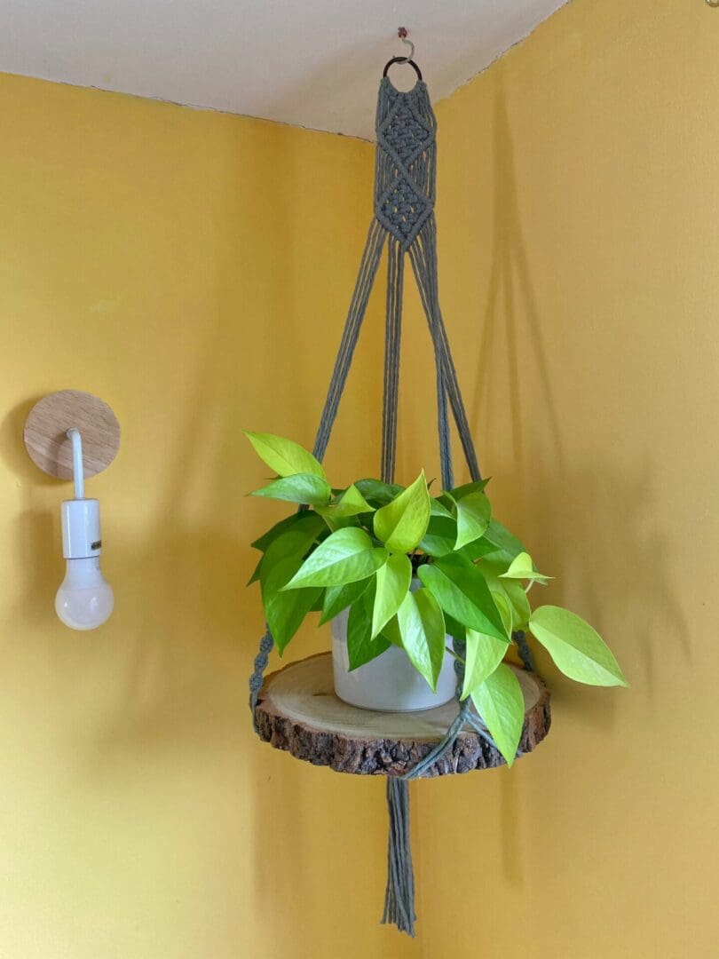 Macrame hanging shelf made with natural wood slice and recycled cotton yarn