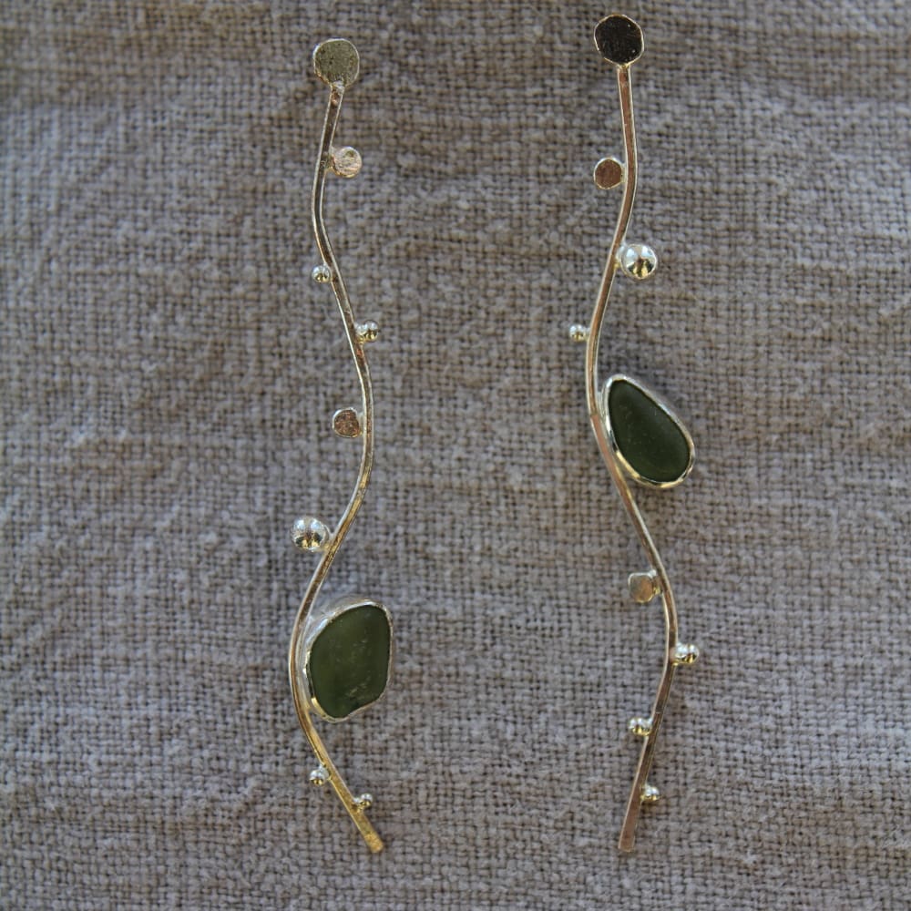 seaweed inspired sterling silver and seaglass drop earrings with granulation detail