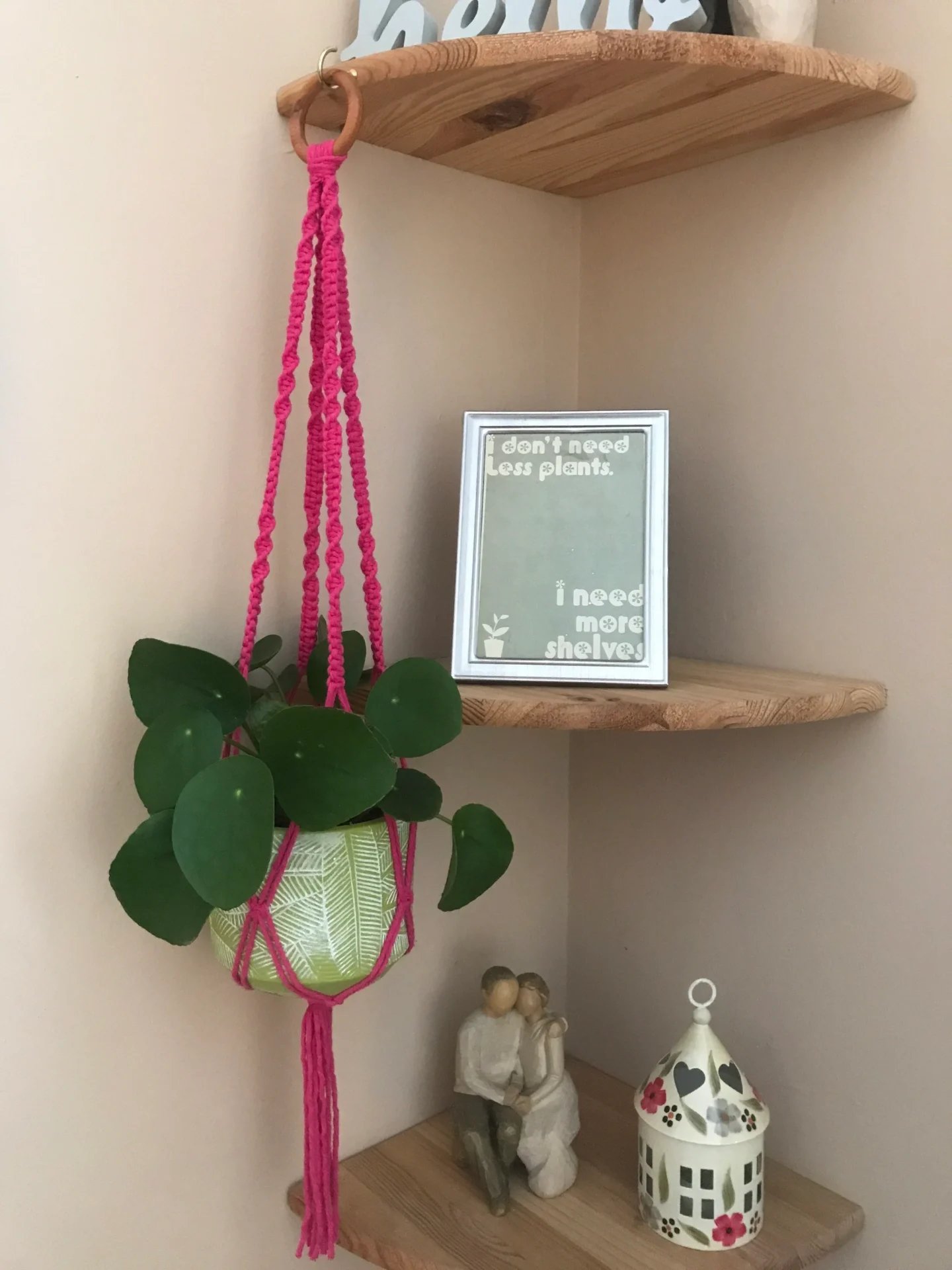 Macrame Plant Hanger made with recycled cotton and a repurposed wooden hanging ring