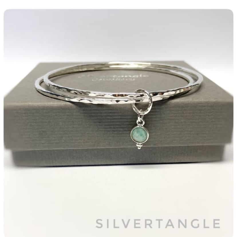 Silver Hammered Bangles with Amazonite Charm