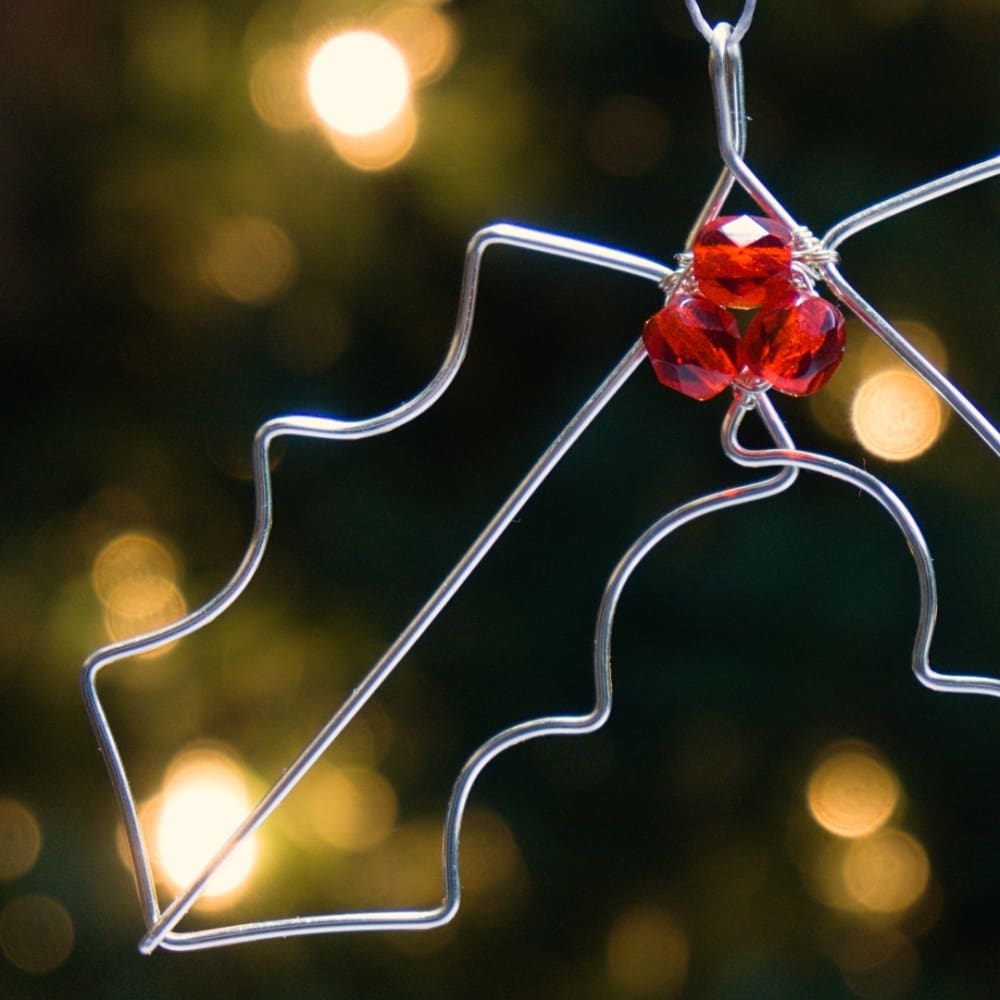 silver holly leaf decoration with red bead berries by Oruki Design