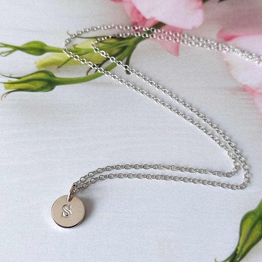 9mm silver disc necklace handstamped with initial of choice