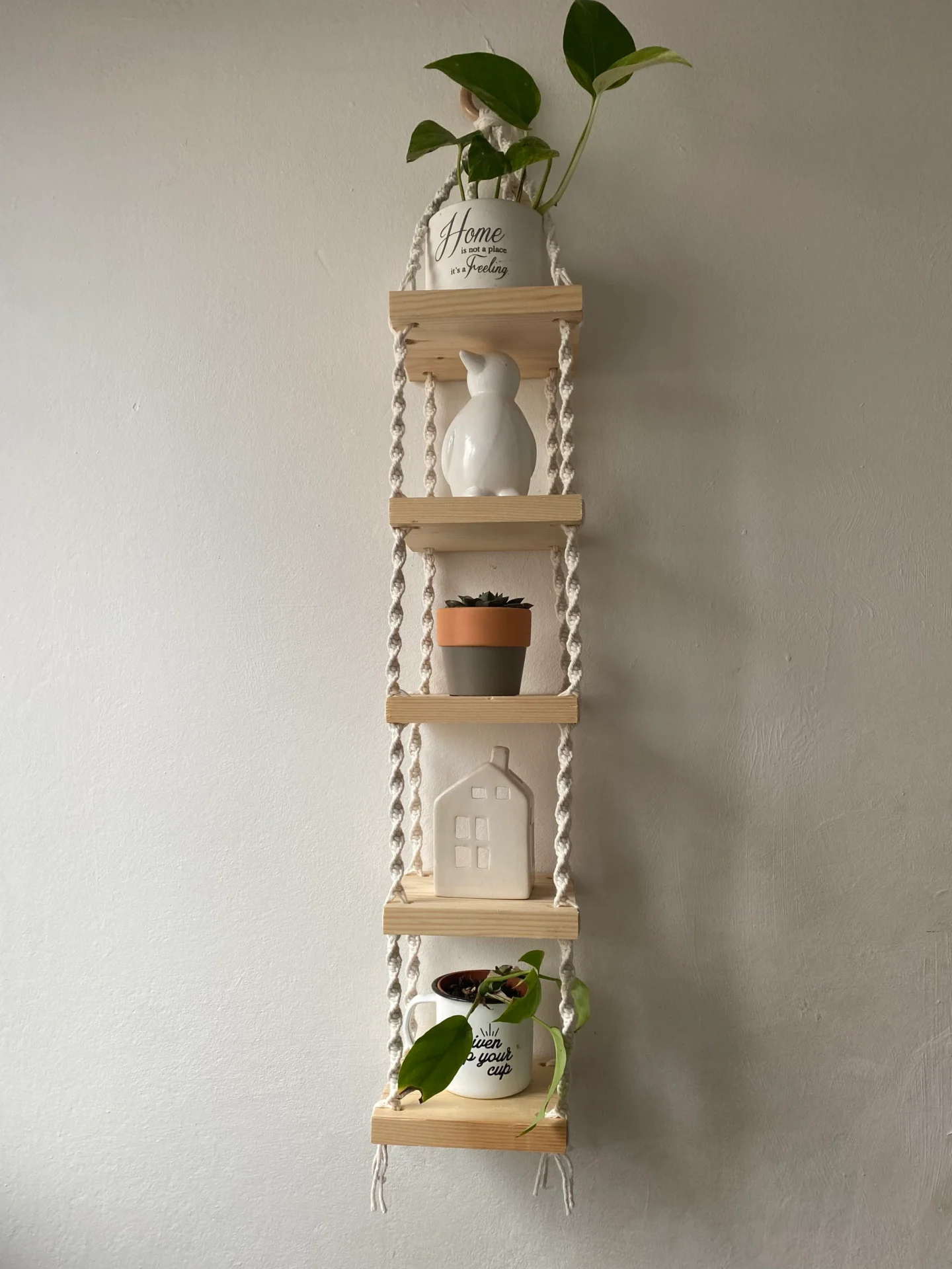 Macrame long wall hanging shelves, made with recycled cotton and Woden shelves