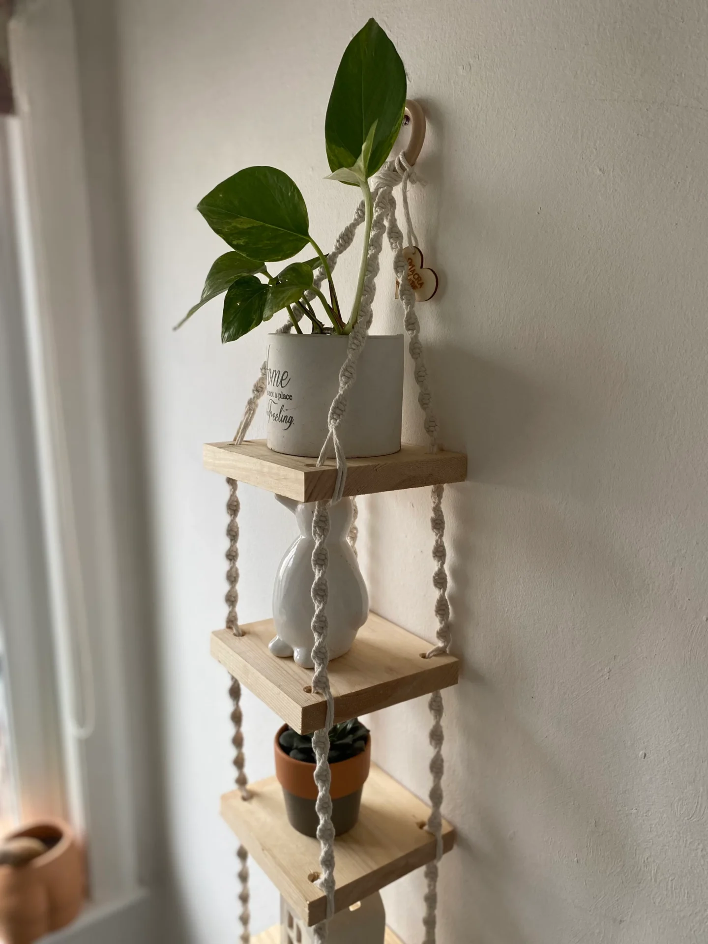 Macrame long wall hanging shelves, made with recycled cotton and Woden shelves