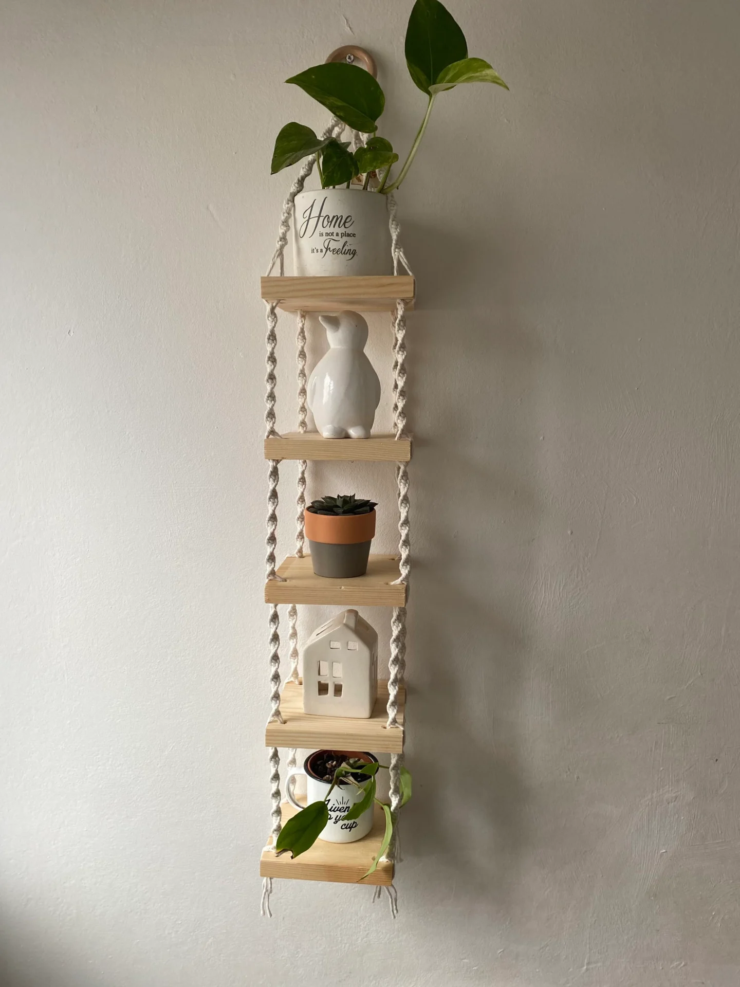 Macrame long wall hanging shelves, made with recycled cotton and Woden shelves