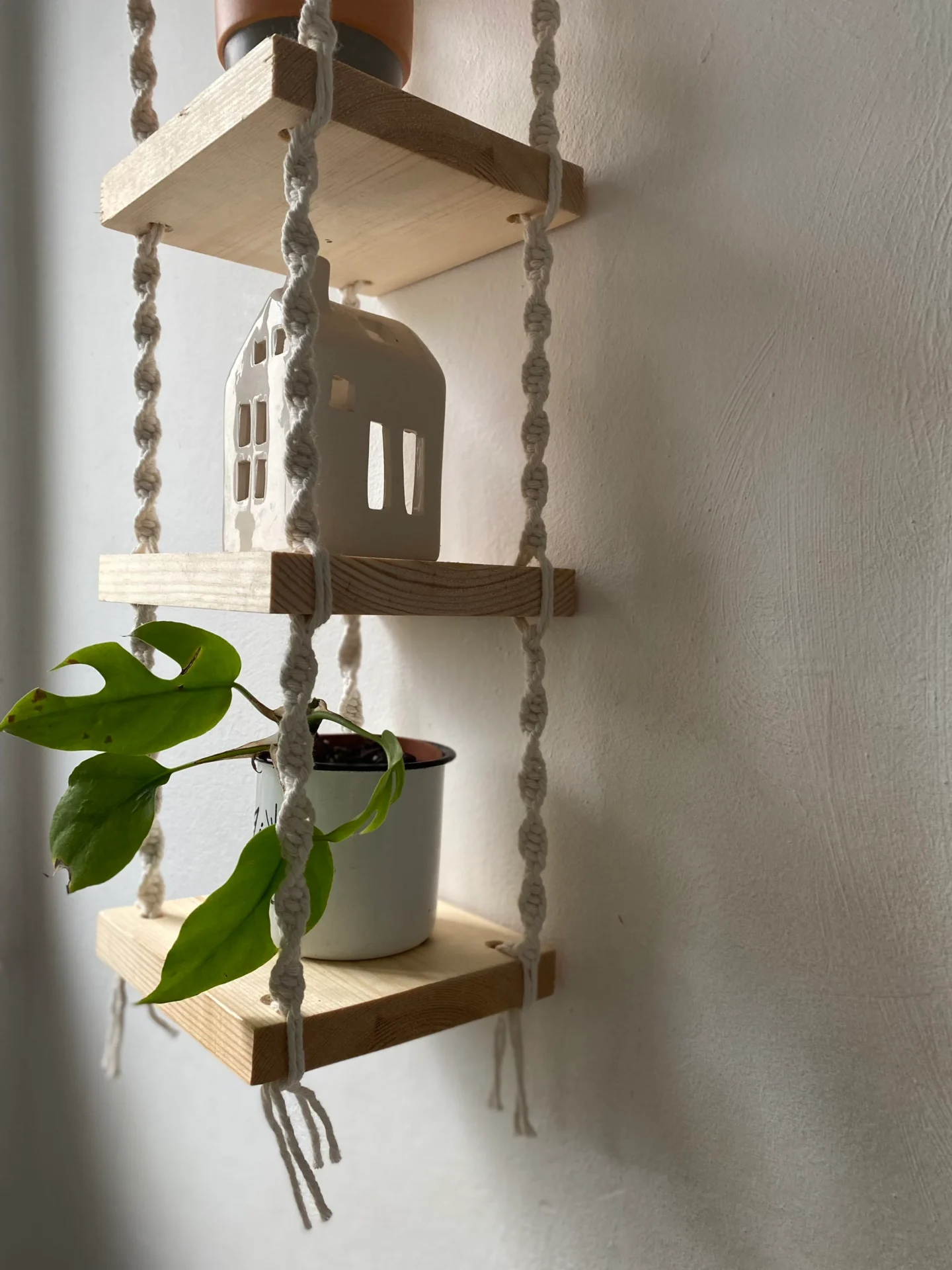 Macrame long wall hanging shelves, made with recycled cotton and Woden shelves