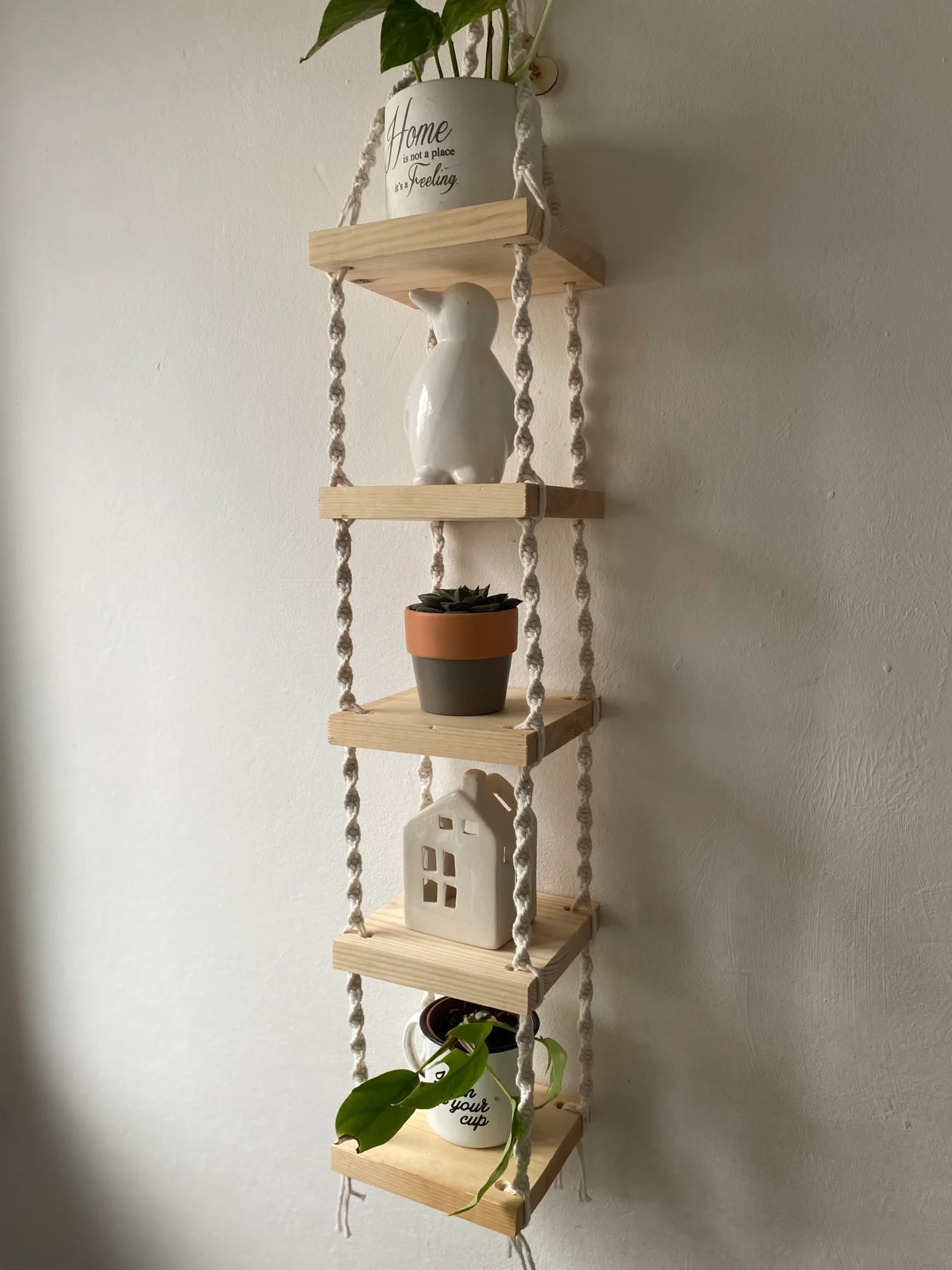 Macrame long wall hanging shelves, made with recycled cotton and Woden shelves