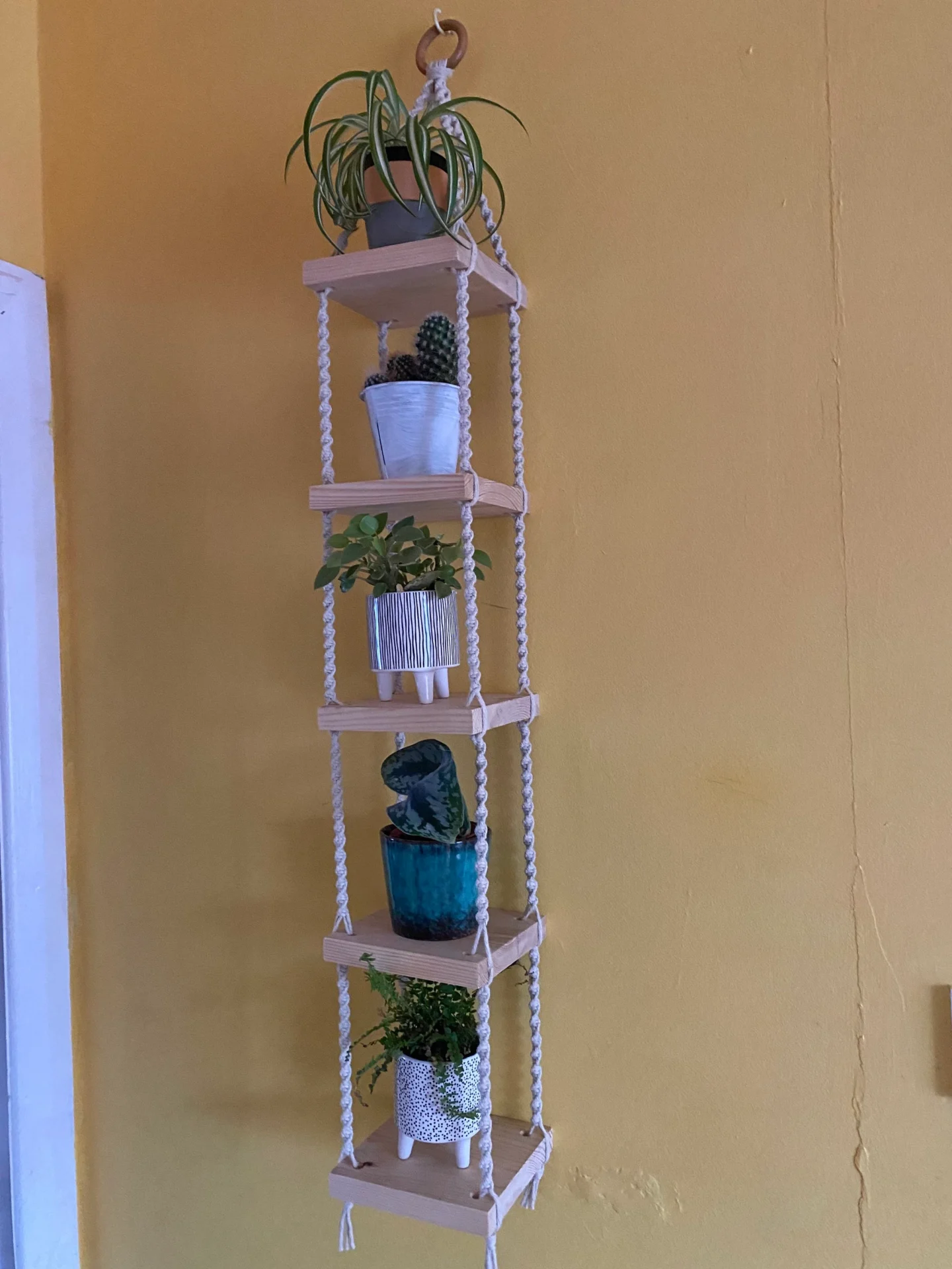 Macrame long wall hanging shelves, made with recycled cotton and Woden shelves