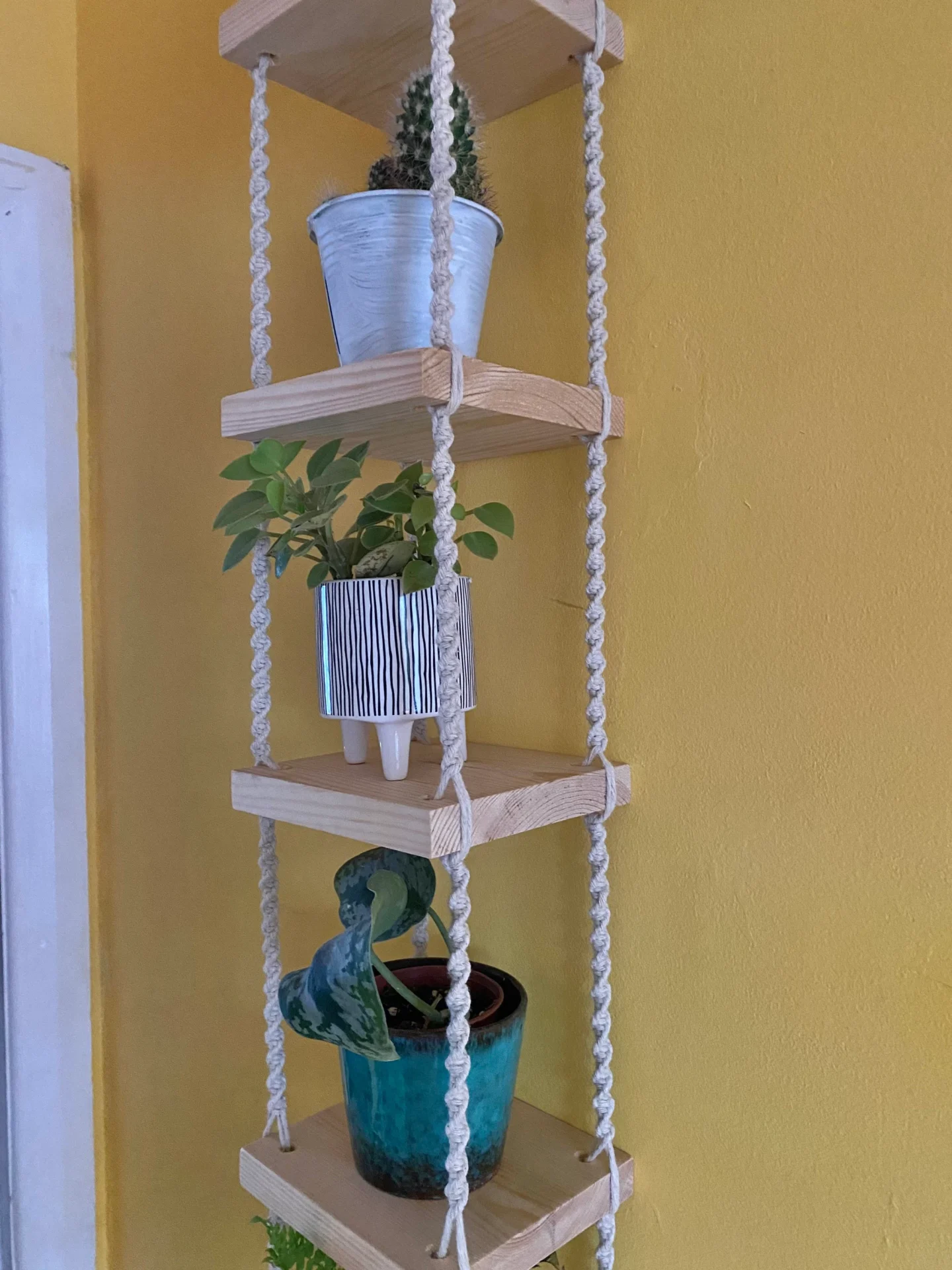 Macrame long wall hanging shelves, made with recycled cotton and Woden shelves