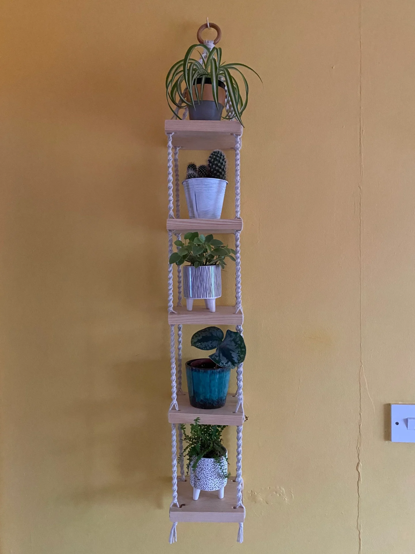 Macrame long wall hanging shelves, made with recycled cotton and Woden shelves