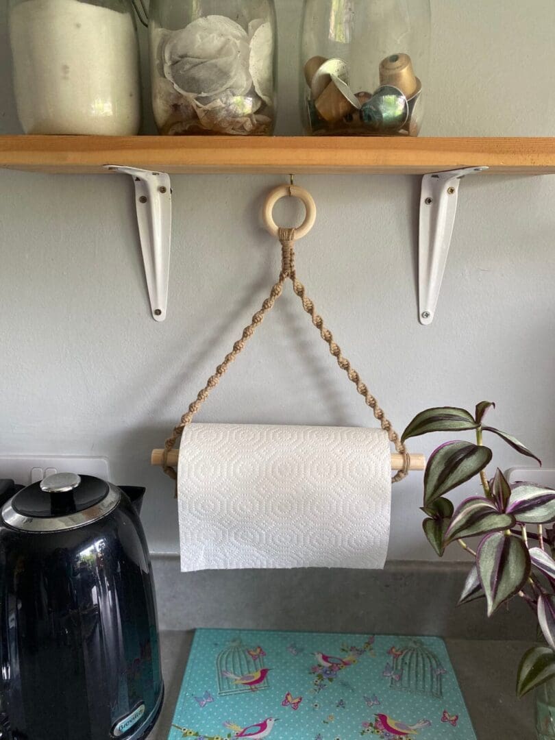 Macrame kitchen roll holder made with eco friendly recycled cotton