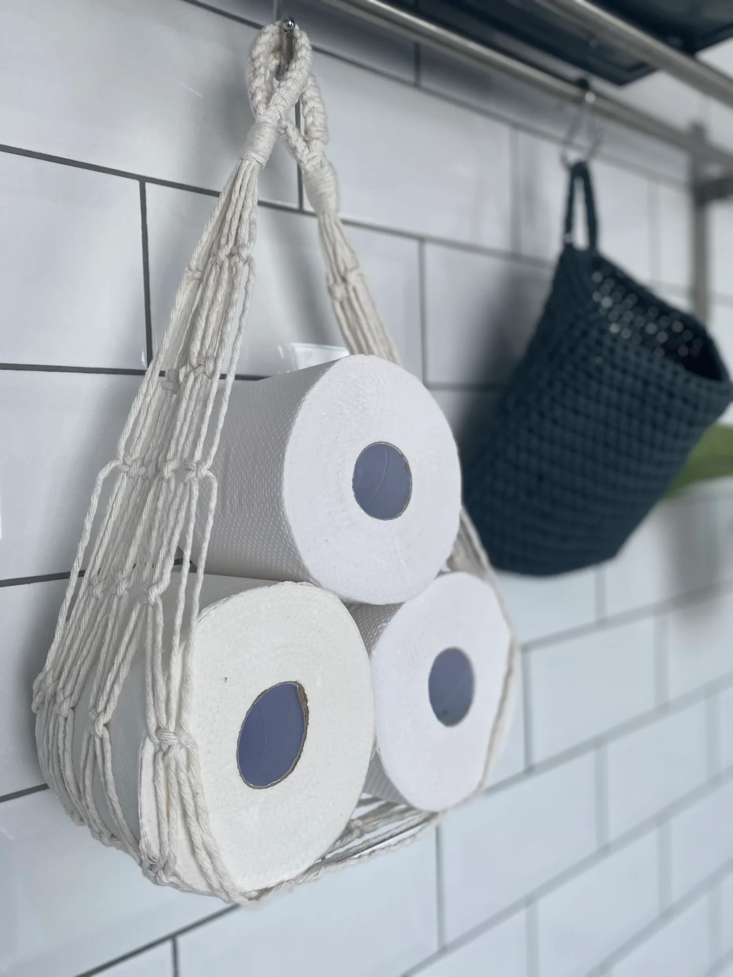 Wall Hanging toilet paper holder hammock made with recycled cotton