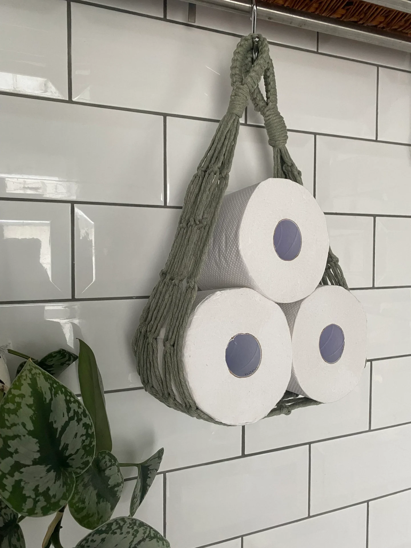 Wall Hanging toilet paper holder hammock made with recycled cotton