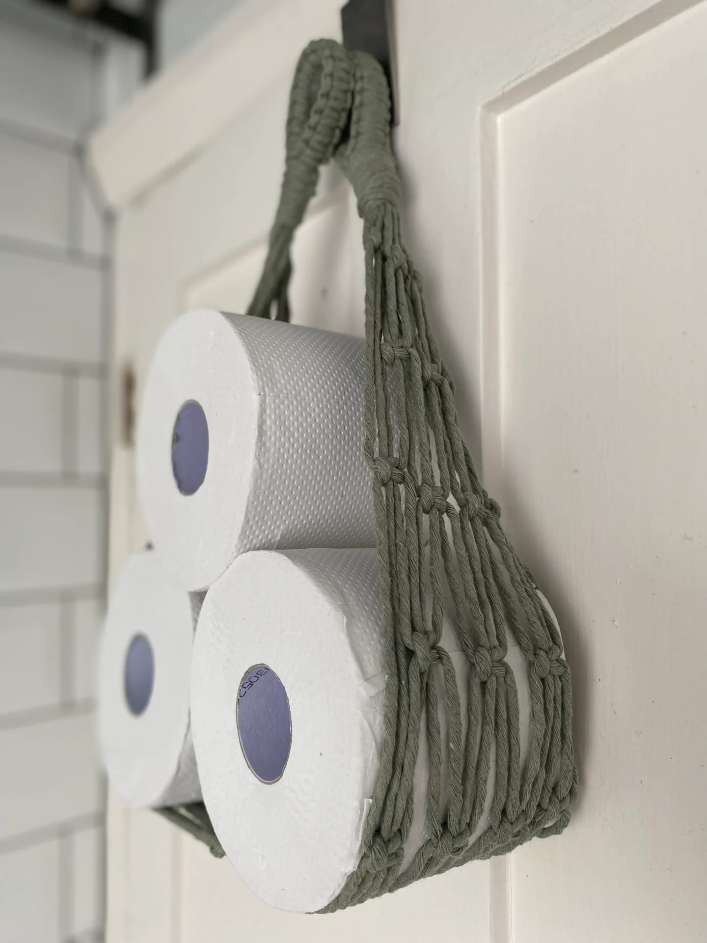 Wall Hanging toilet paper holder hammock made with recycled cotton