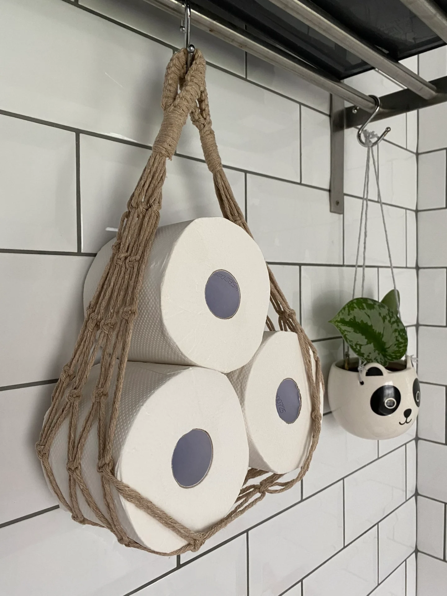 Wall Hanging toilet paper holder hammock made with recycled cotton