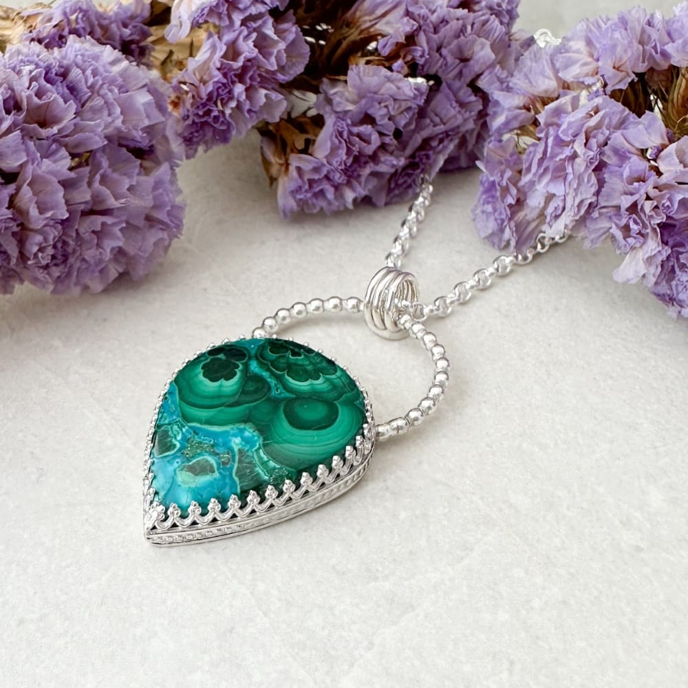 Green Chrysocolla Malachite gemstone set in a sterling silver handmade necklace