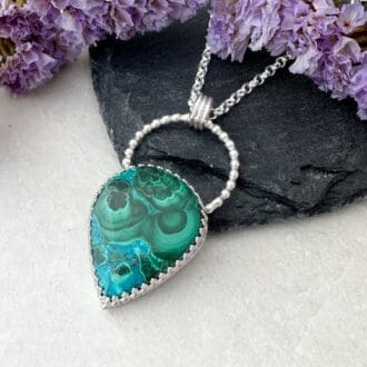 Green Chrysocolla Malachite gemstone set in a sterling silver handmade necklace