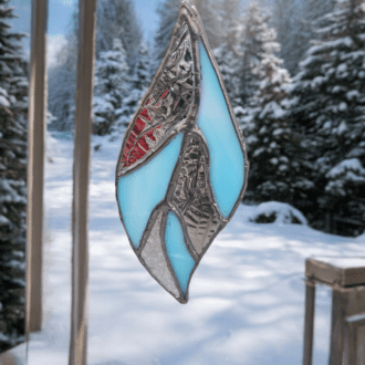 Handmade stained glass leaf, blue and clear glass, winter decor, nature inspired, unique gift, home decor, window hanging