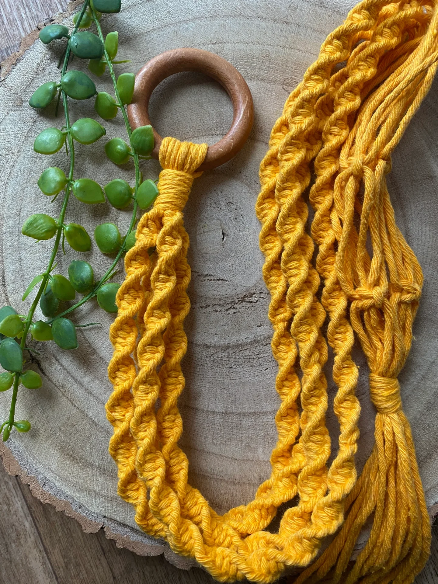 Twisted macrame plant hanger made with amber yellow recycled cotton