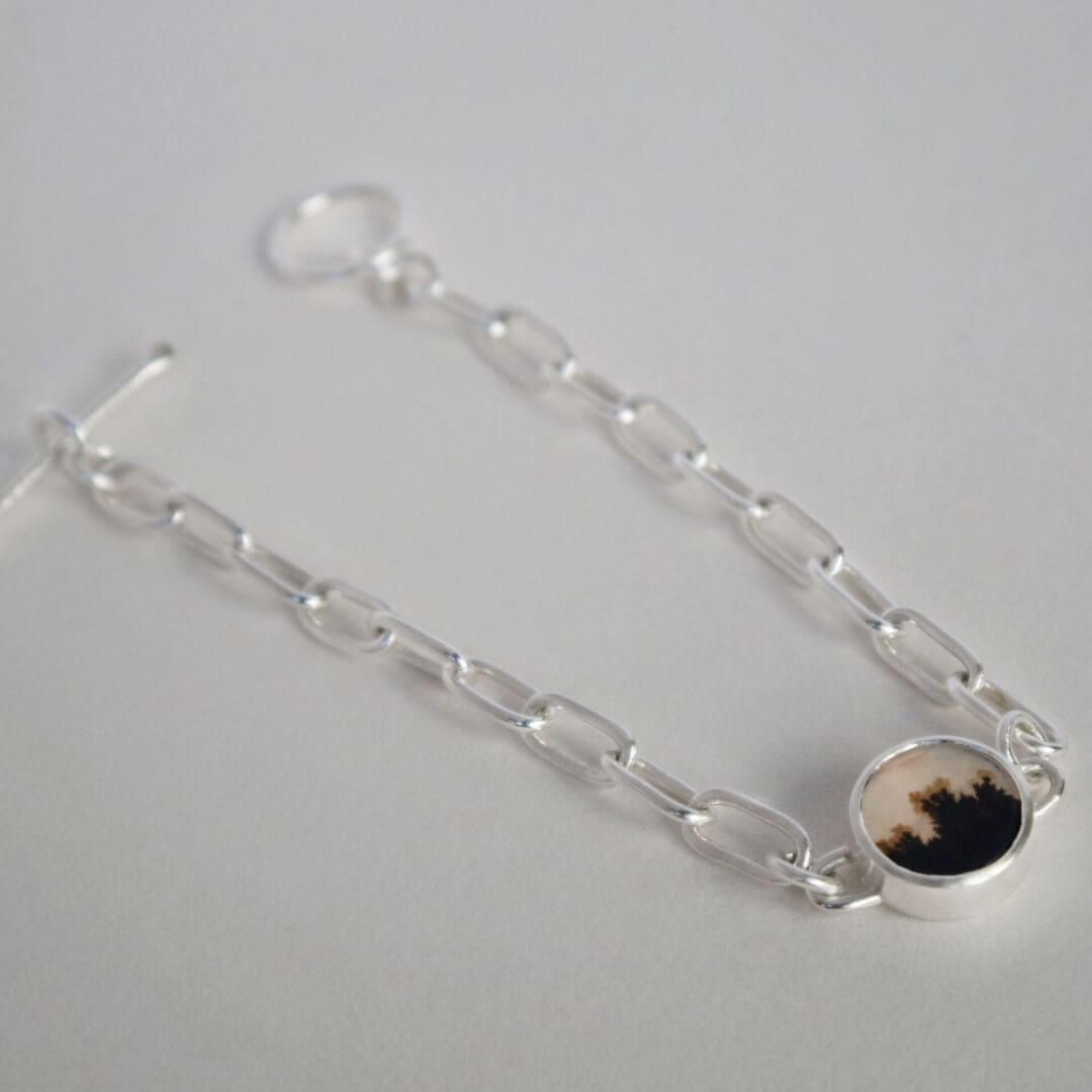 Yin-Yang dendritic agate handmade paperclip bracelet, argentium silver