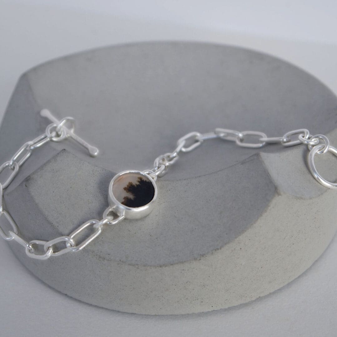 Yin-Yang dendritic agate handmade paperclip bracelet, argentium silver