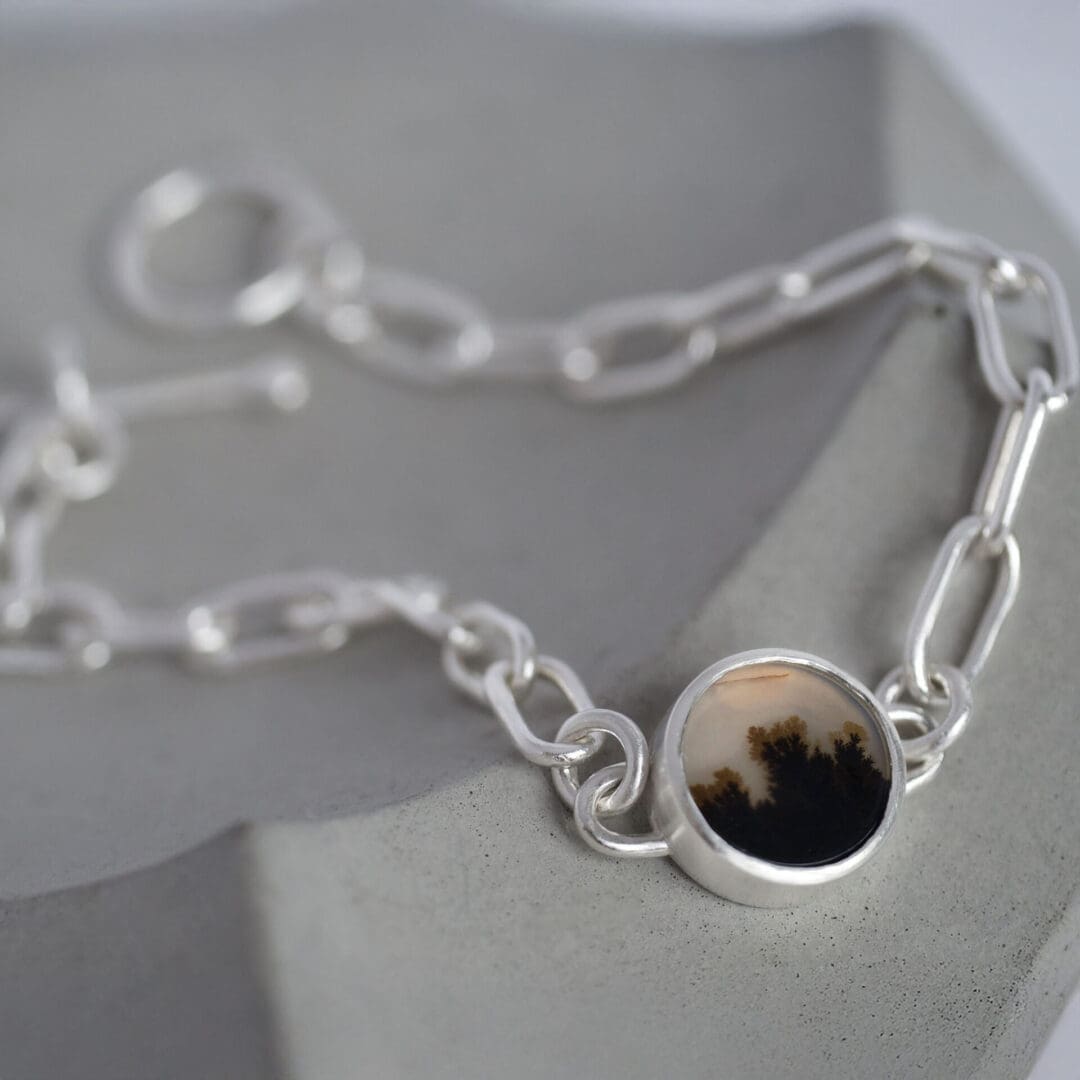 Yin-Yang dendritic agate handmade paperclip bracelet, argentium silver