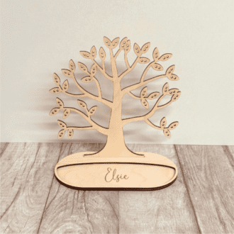 Wooden Tree Jewellery Stand with personalised trinket tray