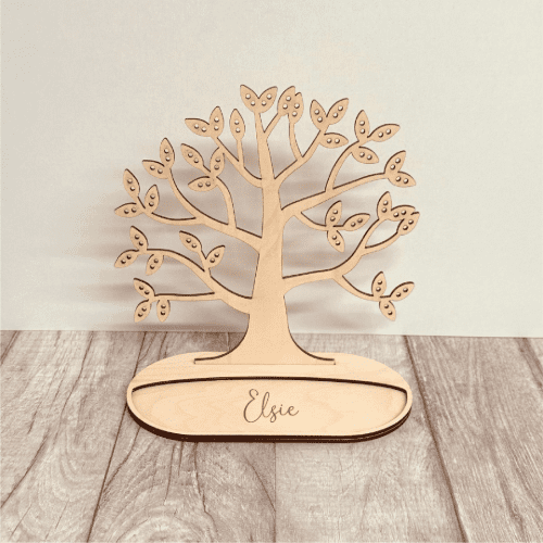 Wooden Tree Jewellery Stand with personalised trinket tray