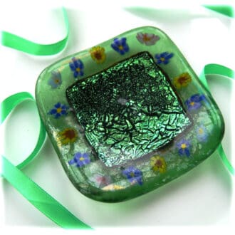 Fused glass dish green crinkle dichroic flower border handmade ooak