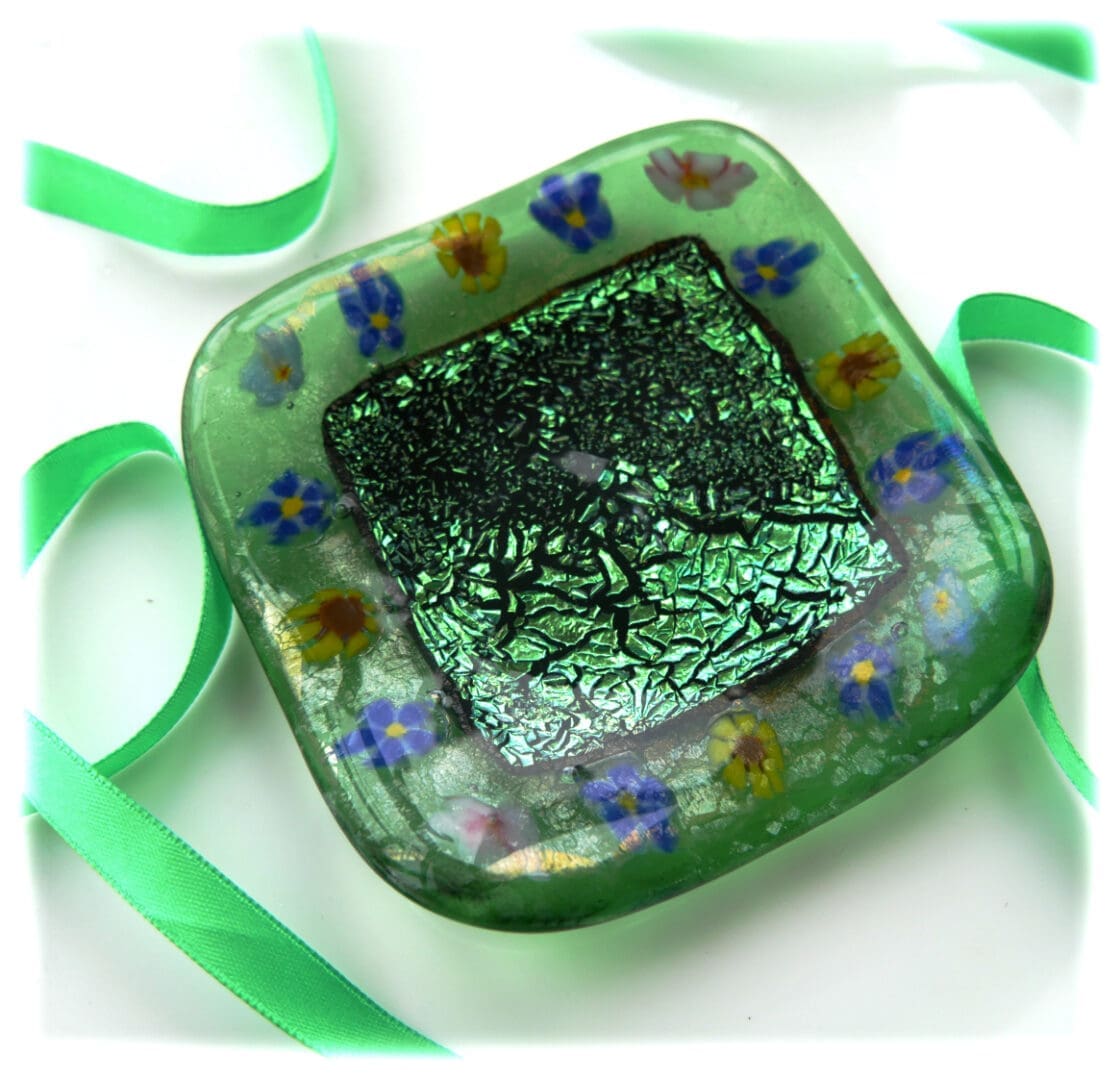 Fused glass dish green crinkle dichroic flower border handmade ooak