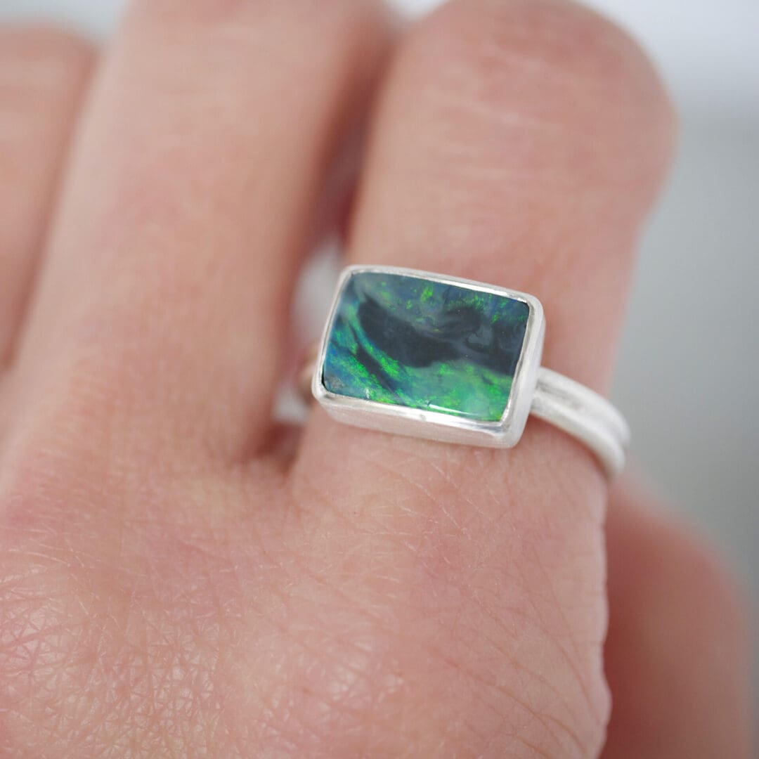 Lightning Ridge Black Opal Dual Ring, worn