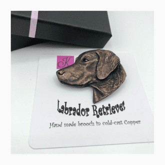 Chocolate Labrador retriever brooch pin in cold-cast copper