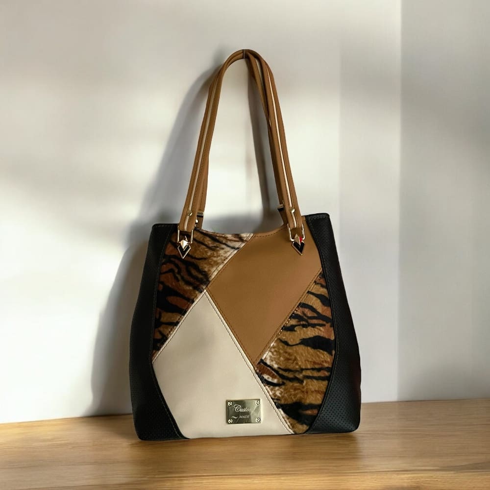 Unique handbag for women Black tan cream vinyl with velboa fabric fully lined