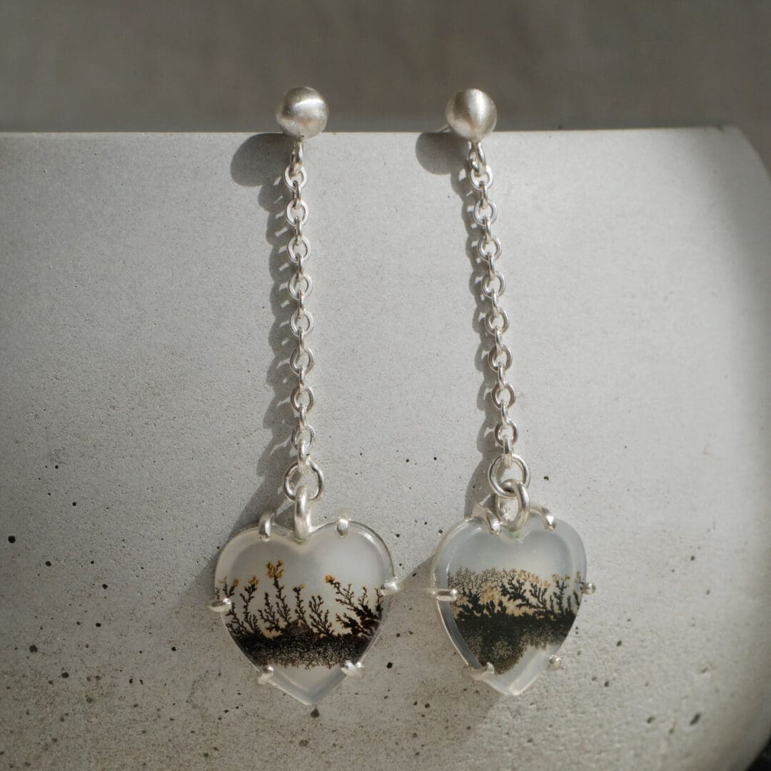 Dendritic Agate heart drop earrings, argentium silver