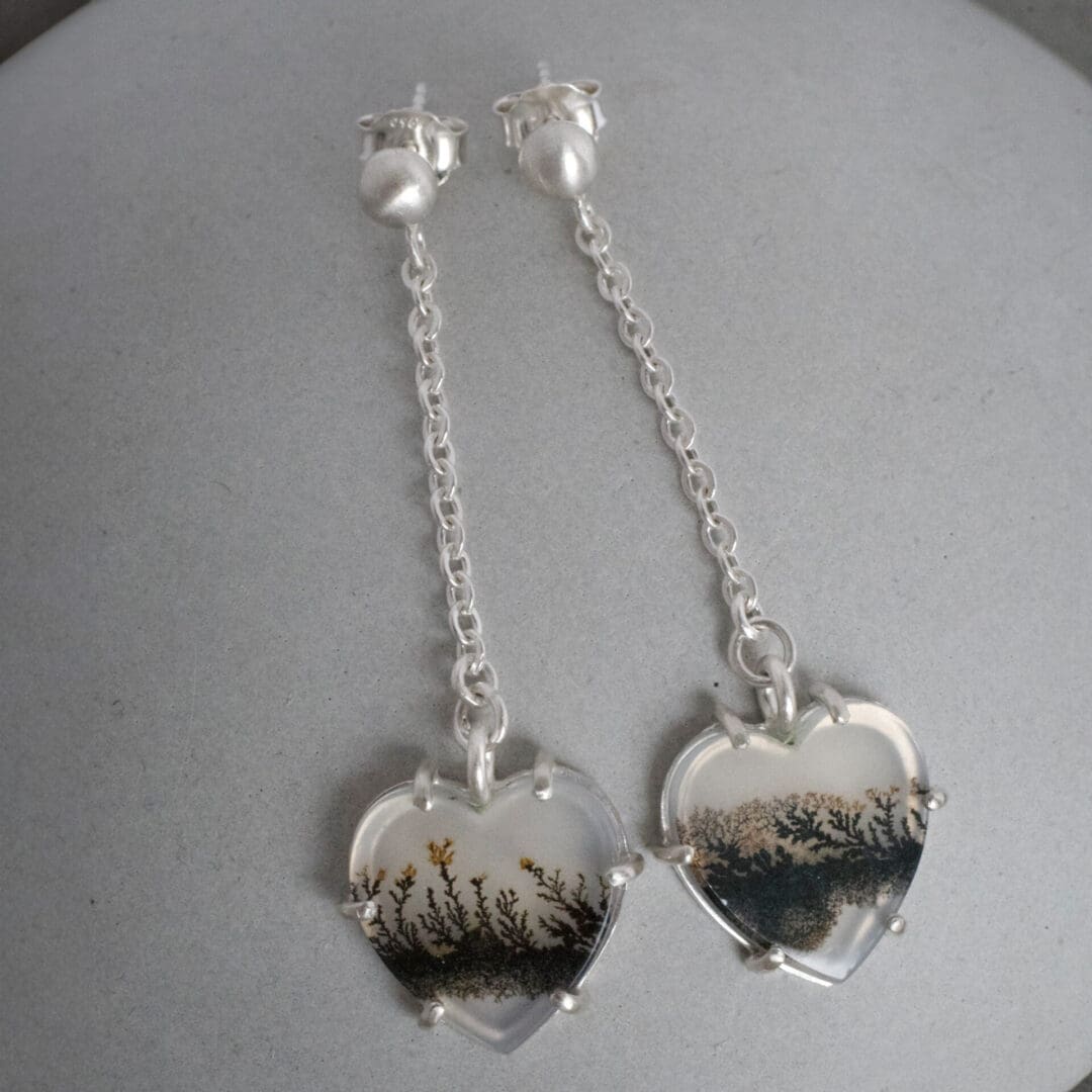 Dendritic Agate heart drop earrings, argentium silver