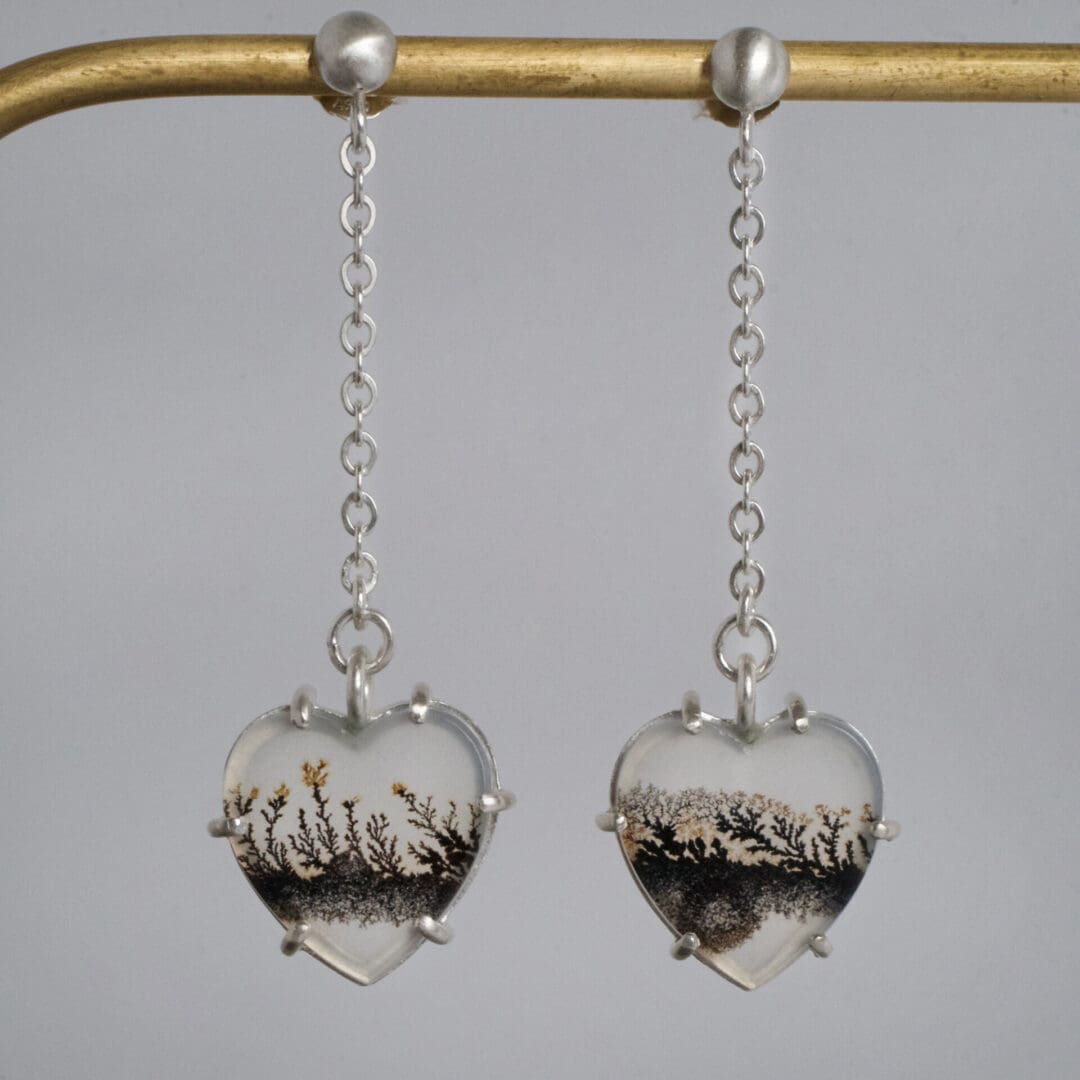 Dendritic Agate heart drop earrings, argentium silver