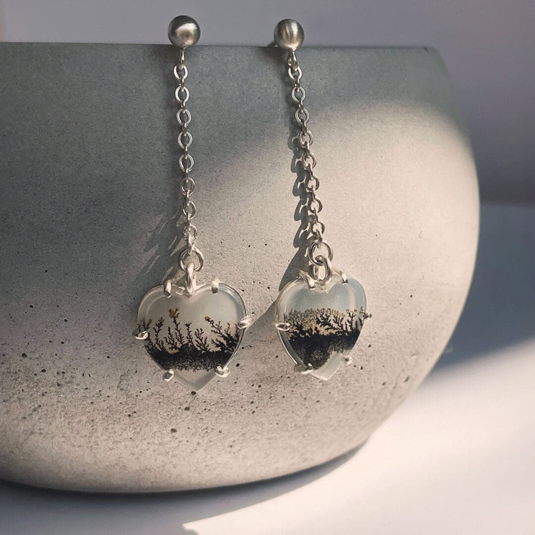 Dendritic Agate heart drop earrings, argentium silver