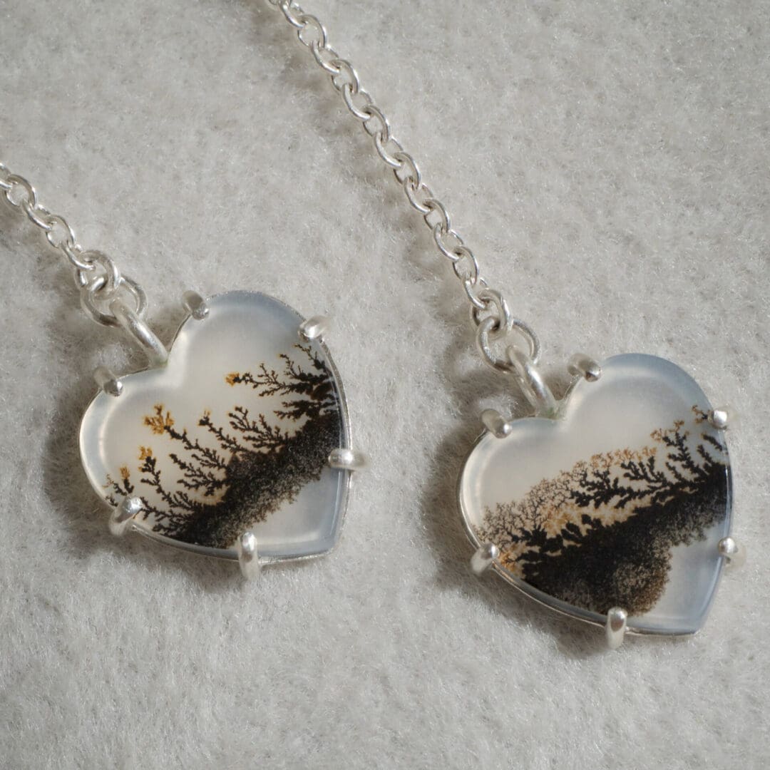 Dendritic Agate heart drop earrings, argentium silver