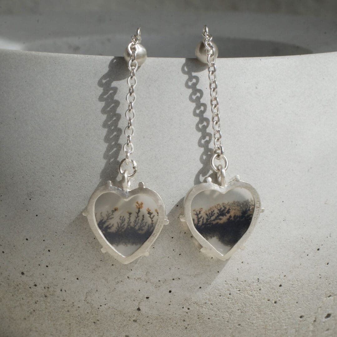 Dendritic Agate heart drop earrings, argentium silver, back