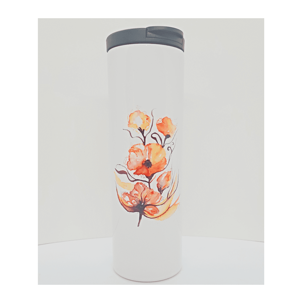 White thermos drinks flask mug with Abstract Floral artwork