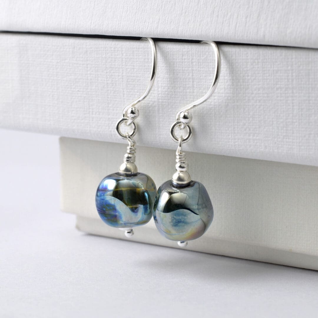 Small Blue Lampwork Glass Nugget Earrings