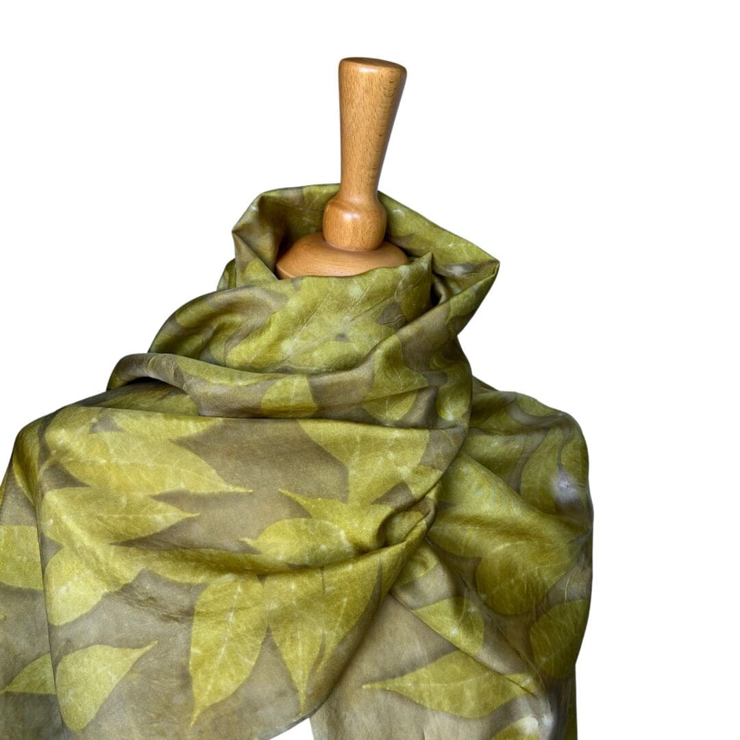 Gold-Silk-Scarf-with-Botanically-Printed-Wisteria-Leaf-Design