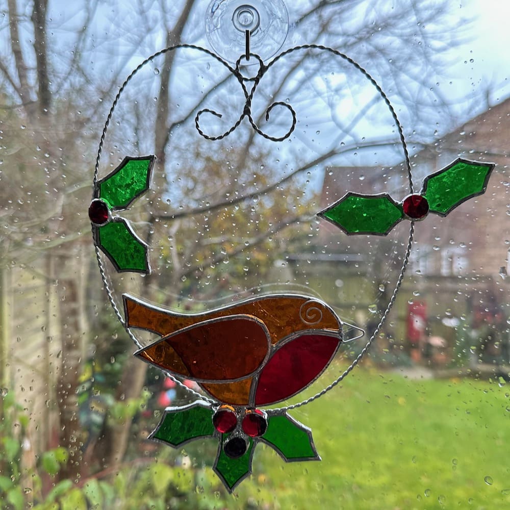 Stained glass robin and holly suncatcher