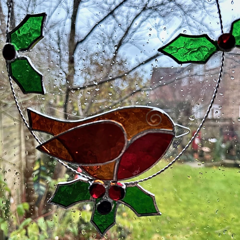 Stained glass robin and holly suncatcher