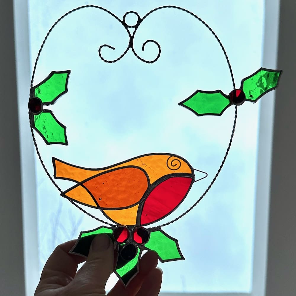 Stained glass robin and holly suncatcher