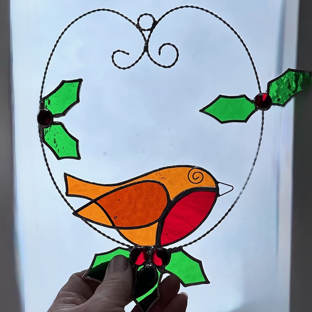 Stained glass robin and holly suncatcher