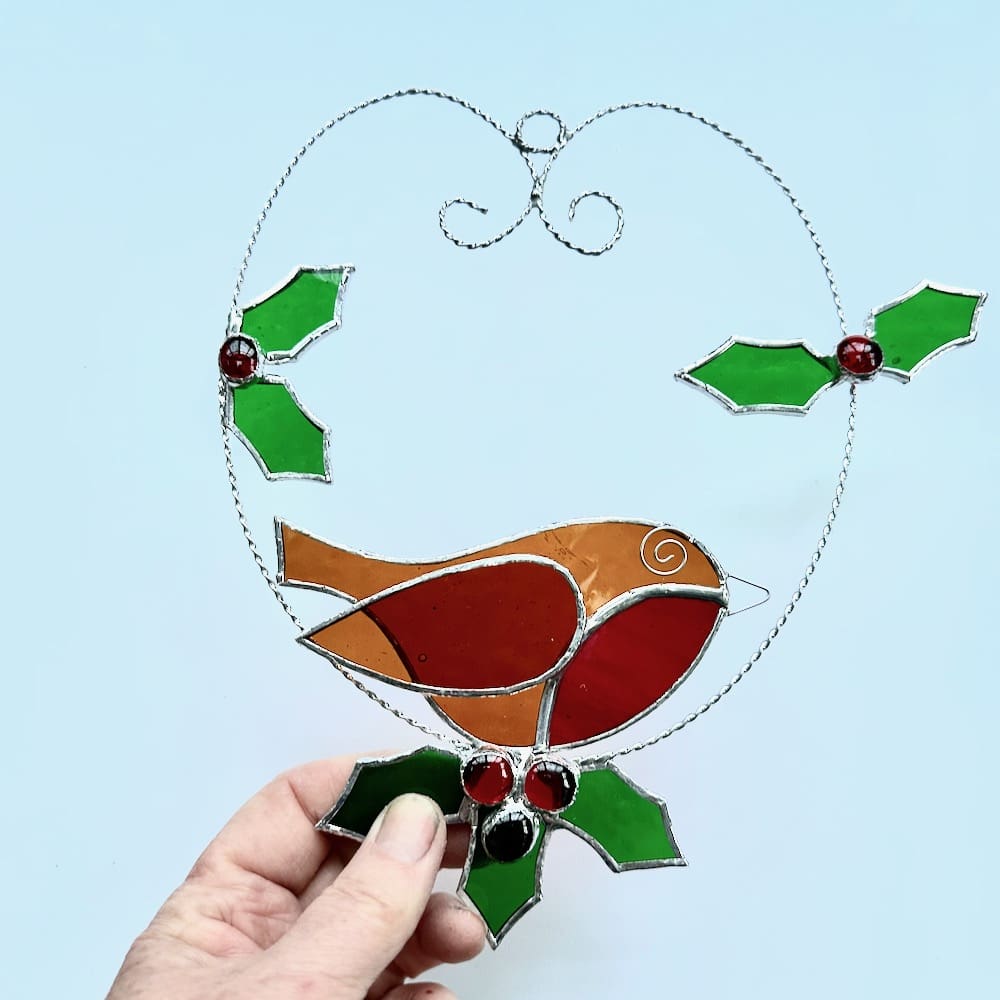 Stained glass robin and holly suncatcher