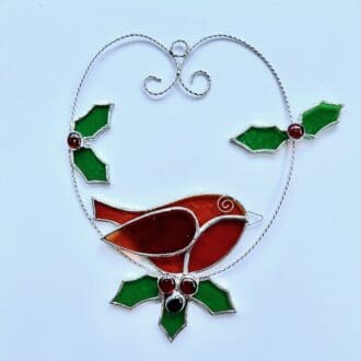 Stained glass robin and holly suncatcher