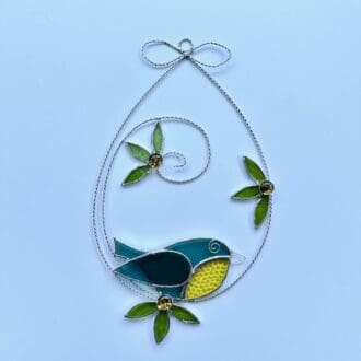 Stained glass blue tit and flower suncatcher